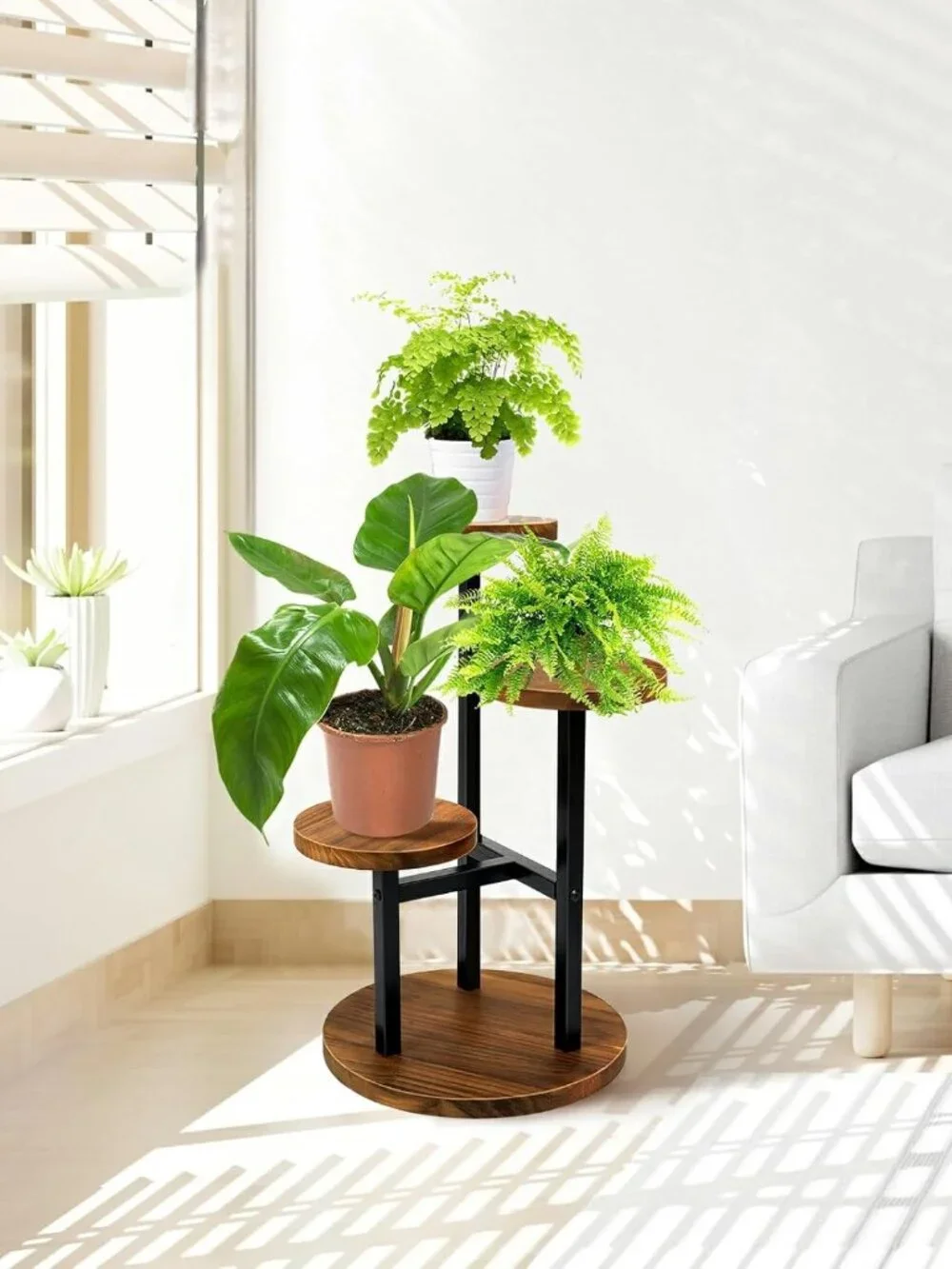 3 Tier Plant Stand, Tall Metal Wood Shelf Holder for Indoor, Outdoor Display Rac - Picture 5 of 8